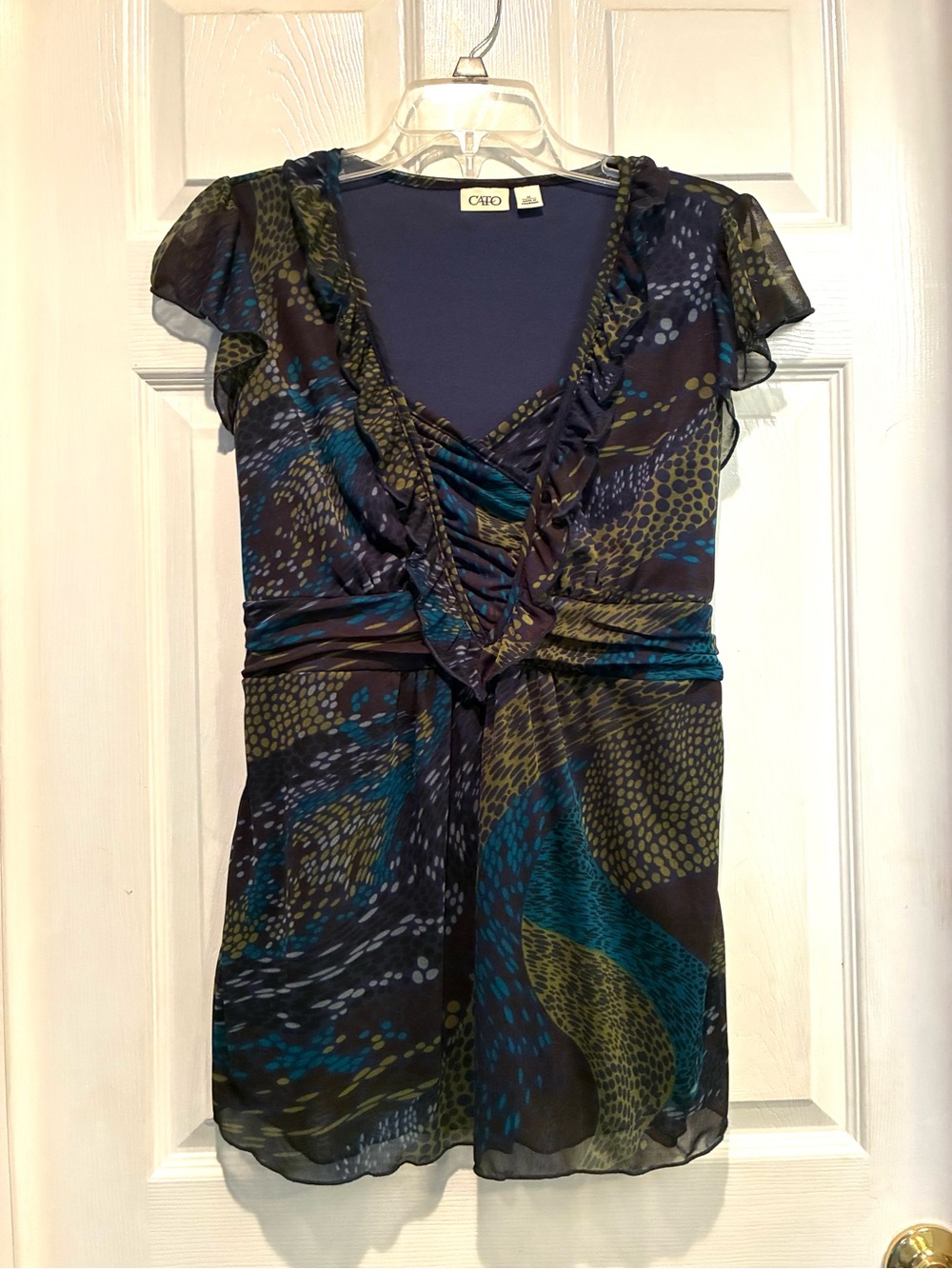 Cato Navy & Teal Patterned Ruffle V-Neck Top